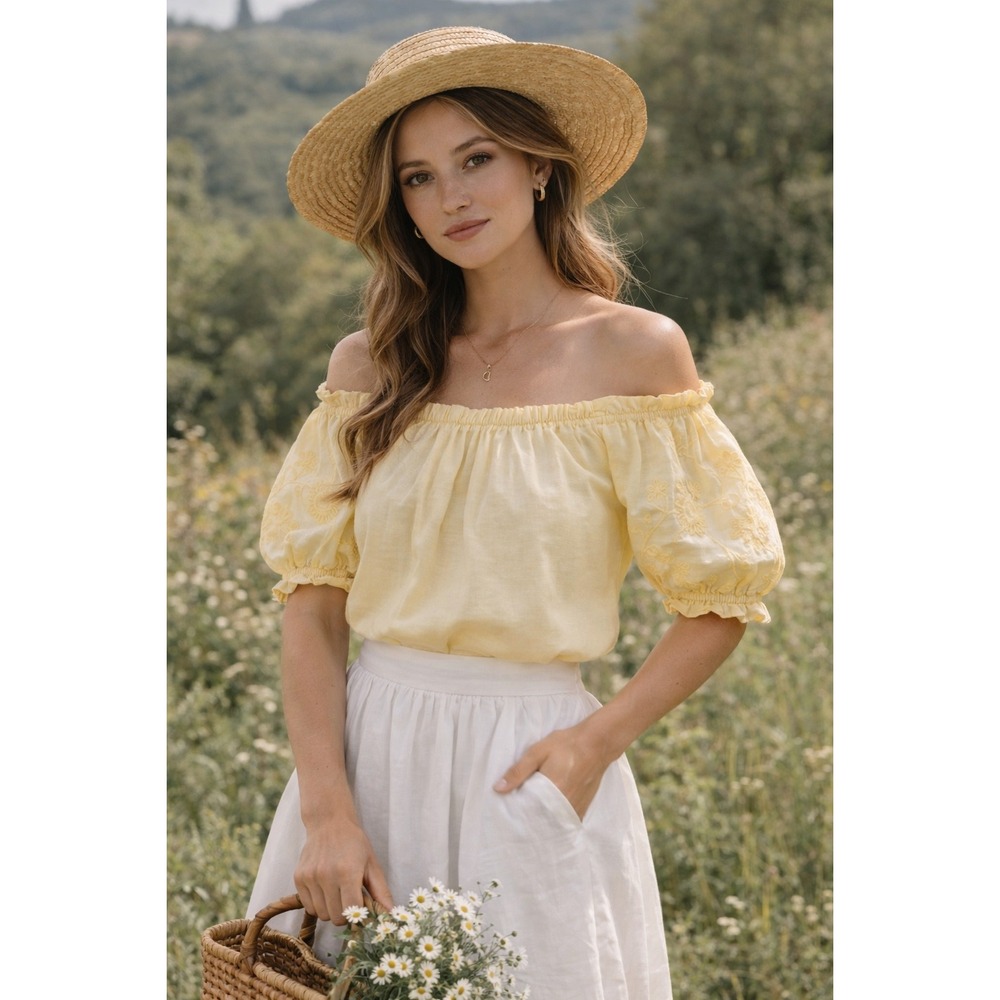 Loft Yellow Off Shoulder Floral Embroidered Puff Sleeve Boho Cottagecore Sz S